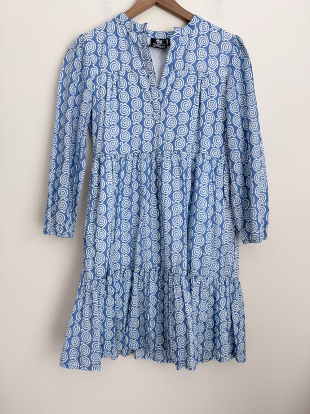 Madison Mathews blue swirl geometric print V neck cotton dress XS